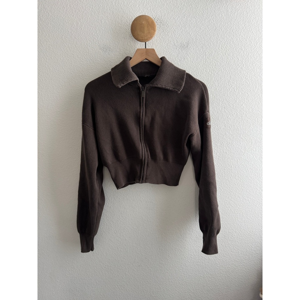 Alo Yoga Scholar Cropped Full Zip Ribbed Brown Sweater